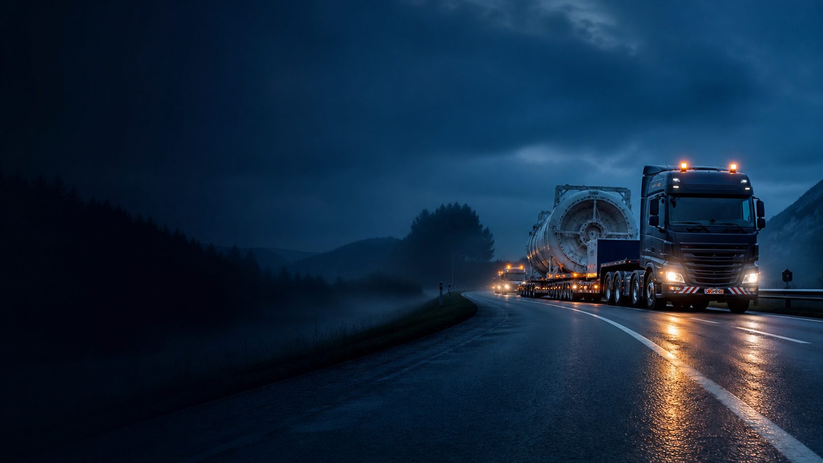 Schwertransport bei Nacht auf regennasser Landstraße
